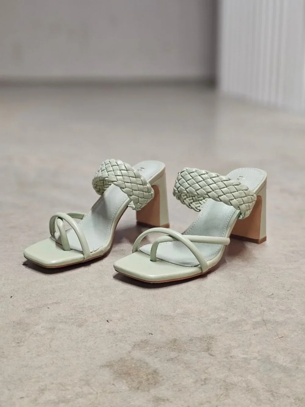 Woven Strap Block Heel Sandals Sage Green Square Toe Slip-On Design Womens Footw